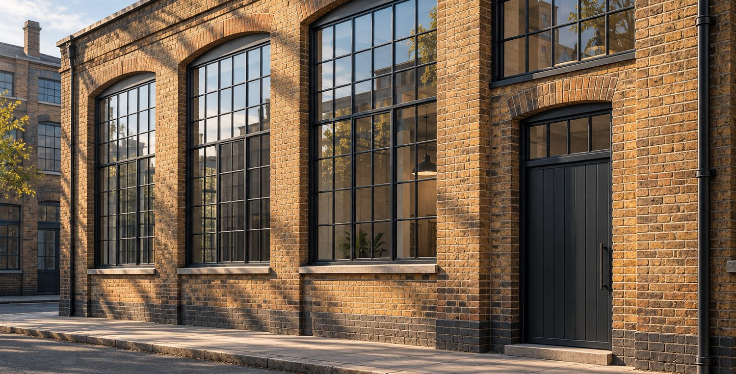 Illustration of a London brick warehouse frontage with tall metal windows and a plain door, no signage. Illustration, not this company's premises.